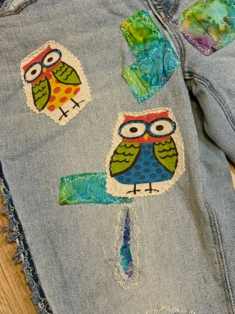 Upcycled Owl Patchwork Jeans | Wide Leg Denim, Visible Mending Art, Cropped Hem